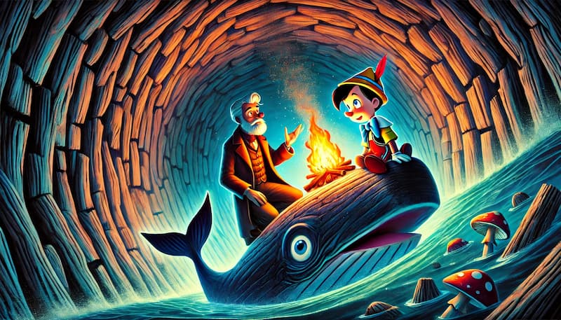 Pinóquio e Geppetto dentro da barriga da baleia, fazendo uma fogueira para escapar
